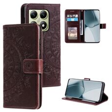 Per Xiaomi 14T Custodia per telefono in pelle goffrata con motivo a fiori Totem con cordino (marrone)