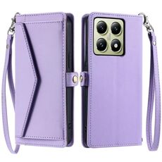 Per Xiaomi 14T Portafoglio Multi-Slot per carte Custodia in pelle per telefono con cordino (viola)