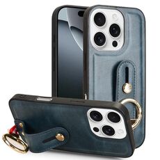 Per iPhone 16 Pro Max Custodia per telefono posteriore in pelle con cinturino da polso (blu)