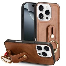 Per iPhone 16 Pro Max Custodia per telefono con cinturino in pelle posteriore (marrone)