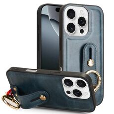 Per iPhone 16 Pro Custodia per telefono posteriore in pelle con cinturino da polso (blu)