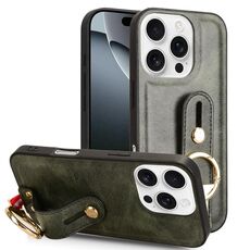 Per iPhone 16 Pro Custodia per telefono posteriore in pelle con cinturino da polso (verde)