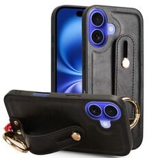 Per iPhone 16 Plus Custodia per telefono posteriore in pelle con cinturino da polso (nero)