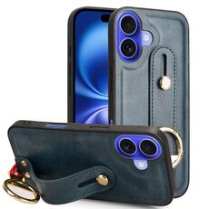 Per iPhone 16 Plus Custodia per telefono posteriore in pelle con cinturino da polso (blu)