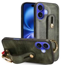 Per iPhone 16 Plus Custodia per telefono posteriore in pelle con cinturino da polso (verde)