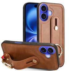 Per iPhone 16 Plus Custodia per telefono con cinturino in pelle (marrone)