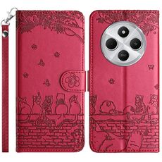 Per Redmi 14C 4G Custodia in pelle con motivo a rilievo di gatto con cordino (rosso)