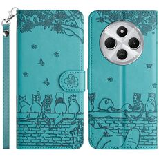 Per Redmi 14C 4G Custodia in pelle con motivo a rilievo di gatto con cordino (blu)