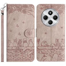 Per Redmi 14C 4G Custodia in pelle con motivo a rilievo di gatto con cordino (grigio)