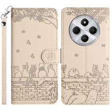 Per Redmi 14C 4G Custodia in pelle con motivo a rilievo di gatto con cordino (beige)