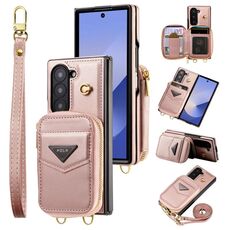 Per Samsung Galaxy Z Fold6 POLA Multi-Card Slots Zipper Wallet Phone Case (Rosa)