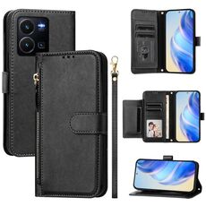 Per vivo Y35 4G / Y22s 4G / Y22 4G Custodia per telefono in pelle con cerniera e slot multi-scheda globali (nero)