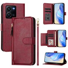 Per vivo Y35 4G / Y22s 4G / Y22 4G Custodia per telefono in pelle con cerniera e slot multi-scheda globali (rosso scuro)