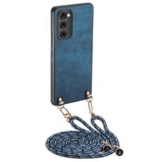 Per Samsung Galaxy Note20 Custodia per telefono in pelle vintage con retro in PC e tracolla (blu)
