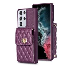 Per Samsung Galaxy S21 Ultra 5G Portafoglio con fibbia in metallo verticale Custodia in pelle romboidale (viola scuro)