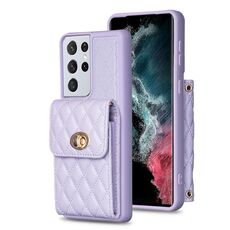 Per Samsung Galaxy S21 Ultra 5G Portafoglio con fibbia in metallo verticale Custodia in pelle romboidale (viola)
