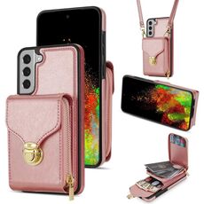 Per Samsung Galaxy S22 5G Custodia a portafoglio per scheda hardware con cerniera (oro rosa)