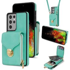 Per Samsung Galaxy S21 Ultra 5G Custodia a portafoglio per scheda hardware con cerniera (verde menta)