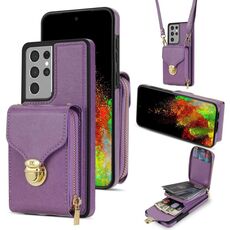 Custodia a portafoglio per scheda hardware con cerniera per Samsung Galaxy S21 Ultra 5G (viola)