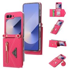 Per Samsung Galaxy Z Flip6 POLA Grid Texture Multi-Card Slots Zipper Wallet Custodia per telefono (Rosa rossa)