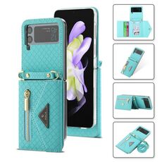 Per Samsung Galaxy Z Flip3 5G POLA Grid Texture Multi-Card Slots Zipper Wallet Custodia per telefono (blu)