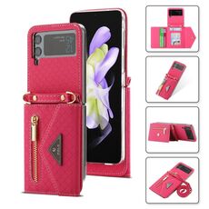 Per Samsung Galaxy Z Flip3 5G POLA Grid Texture Multi-Card Slots Zipper Wallet Custodia per telefono (Rosa rossa)