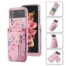 For Samsung Galaxy Z Flip3 5G POLA Rose Pattern Multi-Card Slots Zipper Wallet Phone Case(Pink)