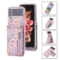 For Samsung Galaxy Z Flip3 5G POLA Rose Pattern Multi-Card Slots Zipper Wallet Phone Case(Purple)