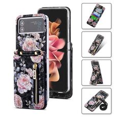 For Samsung Galaxy Z Flip3 5G POLA Rose Pattern Multi-Card Slots Zipper Wallet Phone Case(Black)