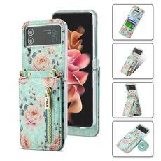 For Samsung Galaxy Z Flip3 5G POLA Rose Pattern Multi-Card Slots Zipper Wallet Phone Case(Cyan)