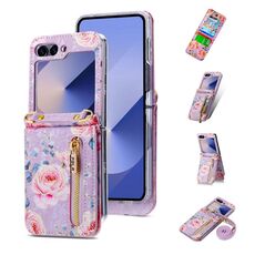 Per Samsung Galaxy Z Flip6 POLA Rose Pattern Multi-Card Slots Zipper Wallet Phone Case (Viola)