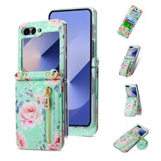 For Samsung Galaxy Z Flip6 POLA Rose Pattern Multi-Card Slots Zipper Wallet Phone Case(Cyan)