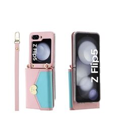 Per Samsung Galaxy Z Flip5 POLA Color Block Love Buckle Multi-Card Slots Wallet Custodia per telefono (rosa)