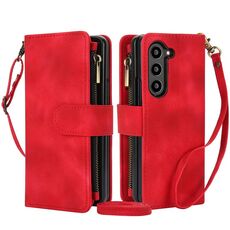 Per Samsung Galaxy Z Fold6 Dream 9-Card Zipper Wallet RFID Custodia in pelle per telefono con cordino (rosso)