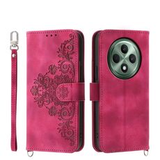 Per OPPO Reno12 F 4G / 5G / F27 India Custodia in pelle con motivo floreale in rilievo (rosso vino)