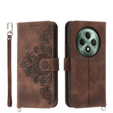 Per OPPO Reno12 F 4G / 5G / F27 India Custodia in pelle con motivo floreale in rilievo (marrone)