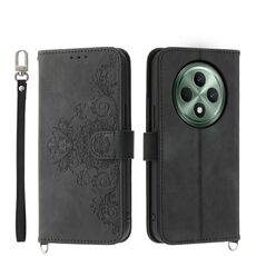 Per OPPO Reno12 F 4G / 5G / F27 India Custodia in pelle con motivo floreale in rilievo (nero)