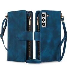Per Samsung Galaxy S22+ 5G Dream 9-Card Zipper Wallet RFID Custodia in pelle per telefono con cordino (blu)