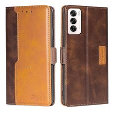 Per OPPO Reno12 5G Global Contrast Color Side Buckle Custodia in pelle per telefono (marrone scuro + oro)