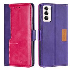 Per OPPO Reno12 5G Global Contrast Color Side Buckle Custodia in pelle per telefono (viola + rosso rosa)