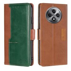 Per OPPO Reno12 F 5G Custodia in pelle con fibbia laterale a contrasto (marrone chiaro + verde)