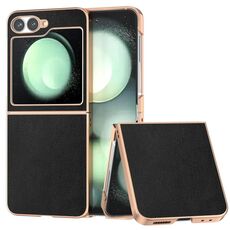 Per Samsung Galaxy Z Flip6 Custodia per telefono con copertura totale in pelle PU e telaio galvanico (nero)