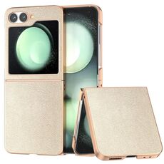 Per Samsung Galaxy Z Flip6 Custodia per telefono con copertura totale in pelle PU e telaio galvanico (oro)