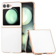 Per Samsung Galaxy Z Flip6 Custodia per telefono con copertura totale in pelle PU e telaio galvanico (bianco)
