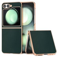 Per Samsung Galaxy Z Flip6 Custodia per telefono con copertura totale in pelle PU e telaio galvanico (verde)
