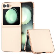 Per Samsung Galaxy Z Flip6 Custodia per telefono con copertura totale in pelle PU e telaio galvanico (rosa pesca)
