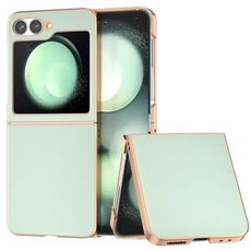 Per Samsung Galaxy Z Flip6 Custodia per telefono con copertura totale in pelle PU e telaio galvanico (verde chiaro)