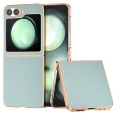 Per Samsung Galaxy Z Flip6 Custodia per telefono con copertura totale in pelle PU e telaio galvanico (azzurro chiaro)