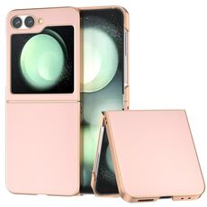 Per Samsung Galaxy Z Flip6 Custodia per telefono con copertura totale in pelle PU e telaio galvanico (rosa chiaro)