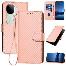 Per vivo iQOO Z9s / V40e India YX0070 Custodia in pelle con fibbia in fibra di carbonio con cordino (rosa)